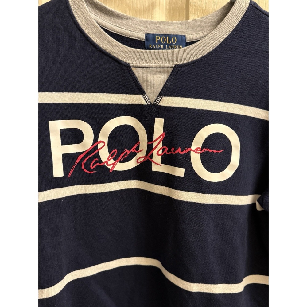 Polo Ralph Lauren Boys M (10-12) Navy Striped Crewneck Sweatshirt Logo Pullover